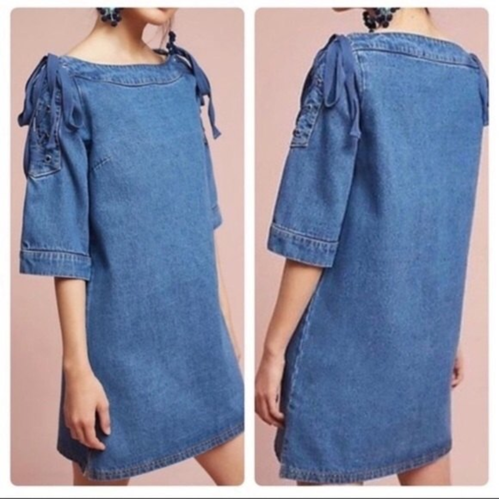 Anthropologie Laced Sleeve‎ Denim Shift Dress